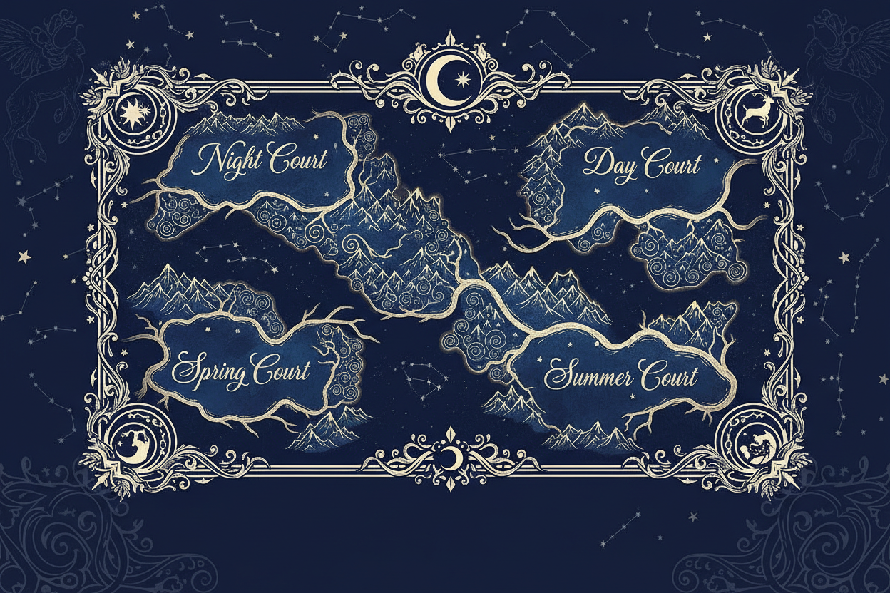 Navy blue ACOTAR map with cream writing